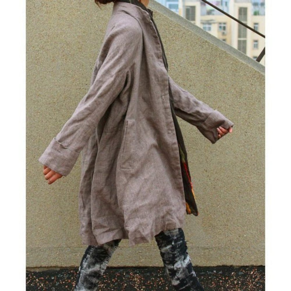 Free Style Pleated Linen Long Coat Cape Heather  Brown 8 Colors RAMIES